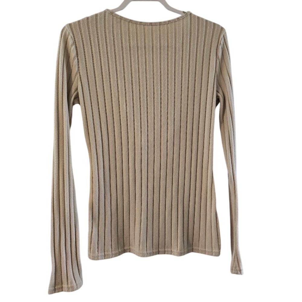 Ribbed Knit Top XL Long Sleeve V Neck Tan Beige Blouse Fitted‎ Sz XL - Picture 2 of 8